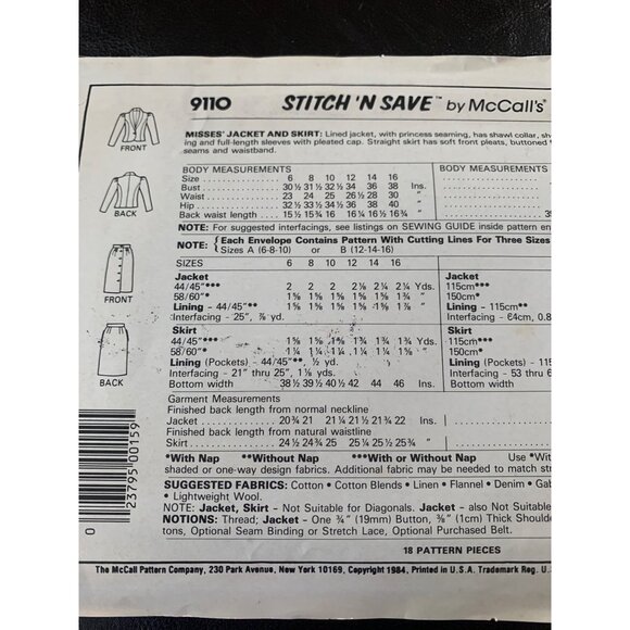 McCall's Misses Jacket Skirt Sewing Pattern Sz 6 - 10 9110 - Uncut - Picture 5 of 9